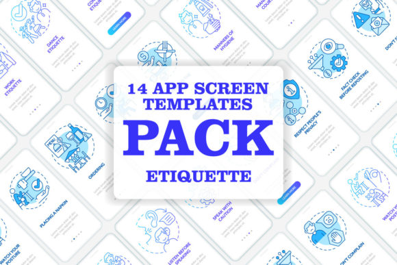 Etiquette Blue Onboarding Mobile App Set Graphics & Graphic Templates